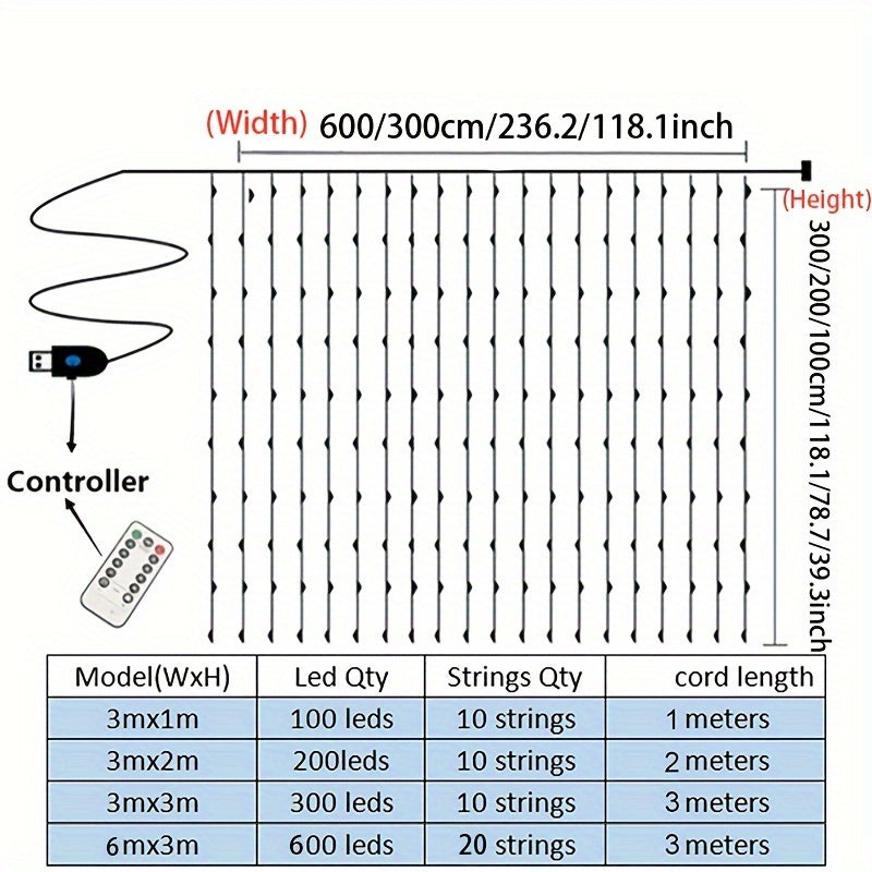 Cortina de luces LED encantadoras, con alimentación USB, incluye control remoto para 100/200/300 luces, ideal para Navidad, fiestas, bodas y decoración estacional