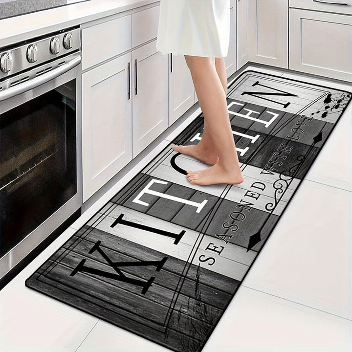 Alfombra de Cocina de Terciopelo Cristal | Fibra de Poliéster Duradera | Antideslizante, Lavable a Máquina | Multiusos para Cocina, Lavandería y Pasillo | Diseño Moderno en Blanco y Negro con Patrón de Tablón de Madera | Acolchado Cómodo, Alfombra para e