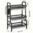 Escurridor de Acero Inoxidable de 3 Niveles | Ahorrador de Espacio Extra Grande para Cocina Familiar, con Bandeja Antiderrames y Divisor de Cubiertos - Organizador de Fregadero (5 en 1) que Sostiene Bloque de Cuchillos/Porta Palillos/Tacón de Cortar