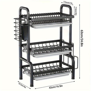 Escurridor de Acero Inoxidable de 3 Niveles | Ahorrador de Espacio Extra Grande para Cocina Familiar, con Bandeja Antiderrames y Divisor de Cubiertos - Organizador de Fregadero (5 en 1) que Sostiene Bloque de Cuchillos/Porta Palillos/Tacón de Cortar