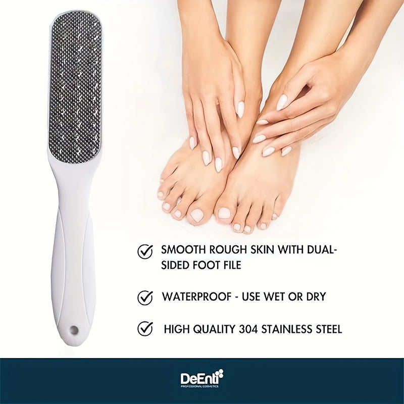 Conjunto de 2 Limas para Pies de Acero Inoxidable con Mangos Ergonómicos - Herramientas de Pedicura Doble Cara para Exfoliar y Suavizar los Talones, Esponja Sin Aceite para el Cuidado de los Pies en Blanco, Azul Claro, Rosa y Negro