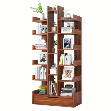 1 estante de árbol blanco con 8 estantes de almacenamiento - Organizador de suelo de madera dura de estilo para el hogar o la oficina, agrega un toque natural al espacio, decoración de estantes