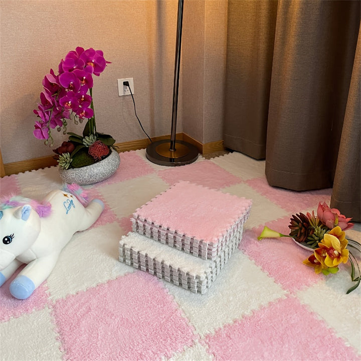 12 piezas de juego de baldosas de alfombra de felpa entrelazadas, alfombras cuadradas lavables de EVA y poliéster para dormitorio, sala de estar y lados del dormitorio, alfombra de área grande, 29,97x29,97 cm