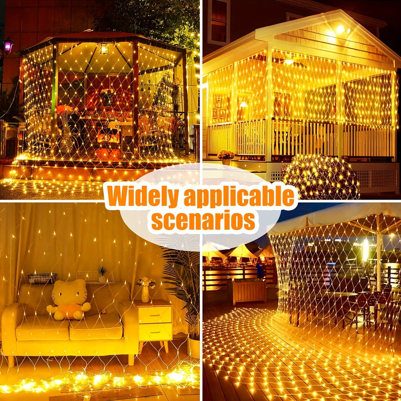 Luz de malla solar IP44 - 8 patrones, luces de cadena LED amarillas para jardín, patio, techo, balcón, árbol de Navidad, centro comercial, ideal para Halloween, Navidad, bodas y fiestas, alimentado por energía solar con batería de litio, luces de camping