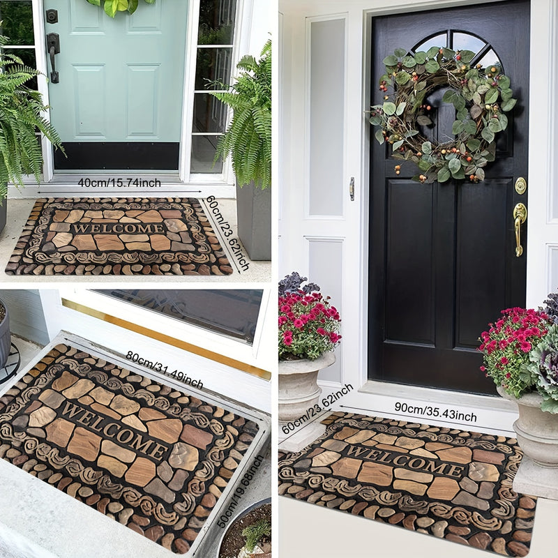 1 pieza, alfombra de bienvenida con estampado de piedras - Alfombra de suelo de poliéster antideslizante para uso interior/exterior, secado rápido, ideal para entrada, cocina, lavandería, baño y más, alfombra de área lavable