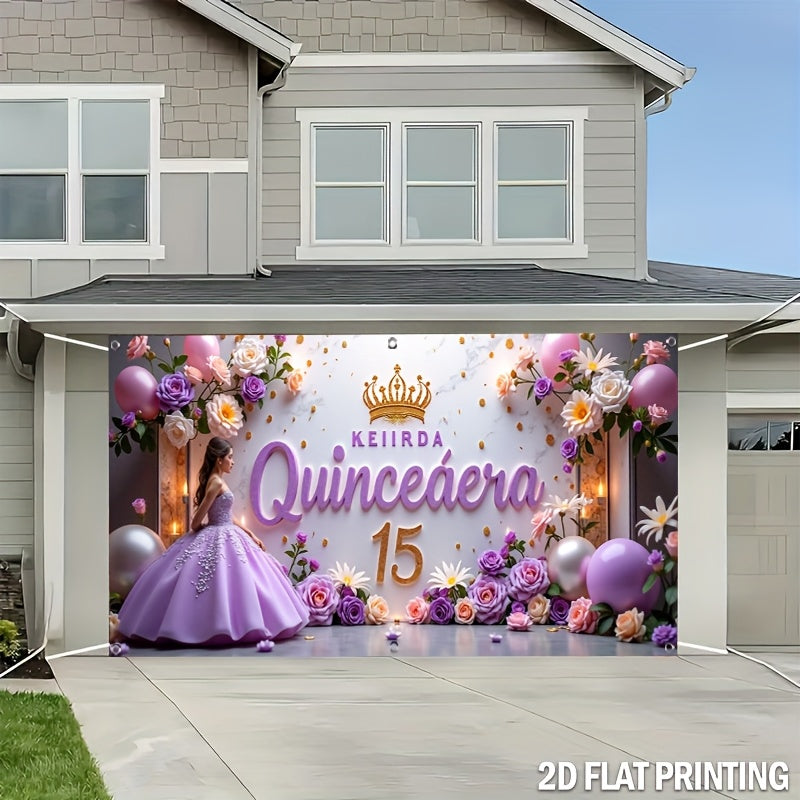 1pc, Feliz 15º Cumpleaños, Banner de puerta de garaje de cumpleaños al aire libre Cubierta de poliéster duradera Ideal para decoraciones diarias al aire libre - Precio sorpresa, Buena calidad y no requiere energía
