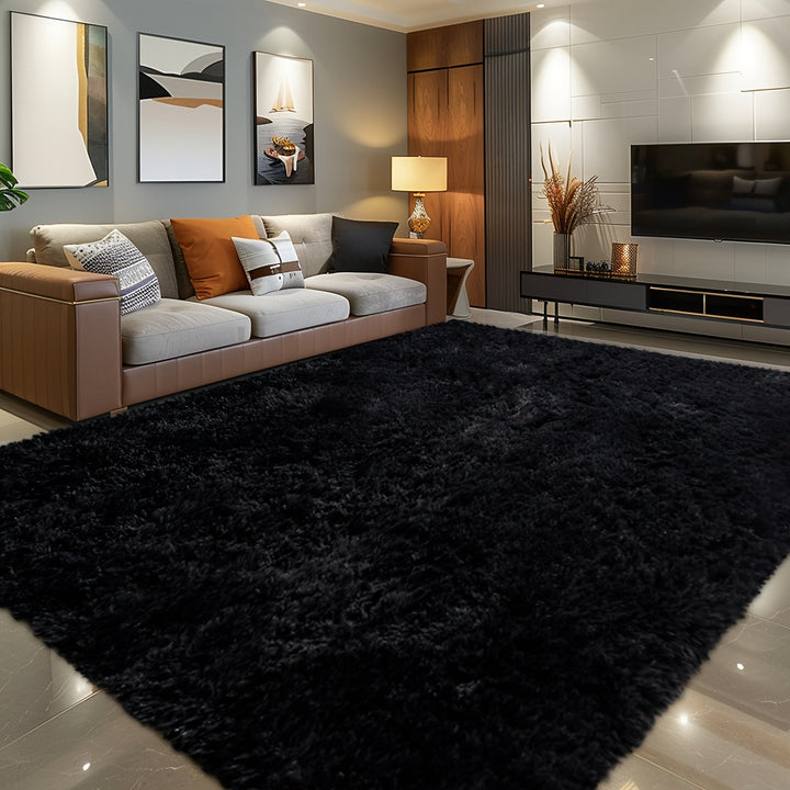 Alfombra de felpa negra de lujo, súper suave, gruesa y esponjosa para sala, dormitorio o estudio, decoración moderna para el hogar, hecha de poliéster resistente, cómoda y acogedora