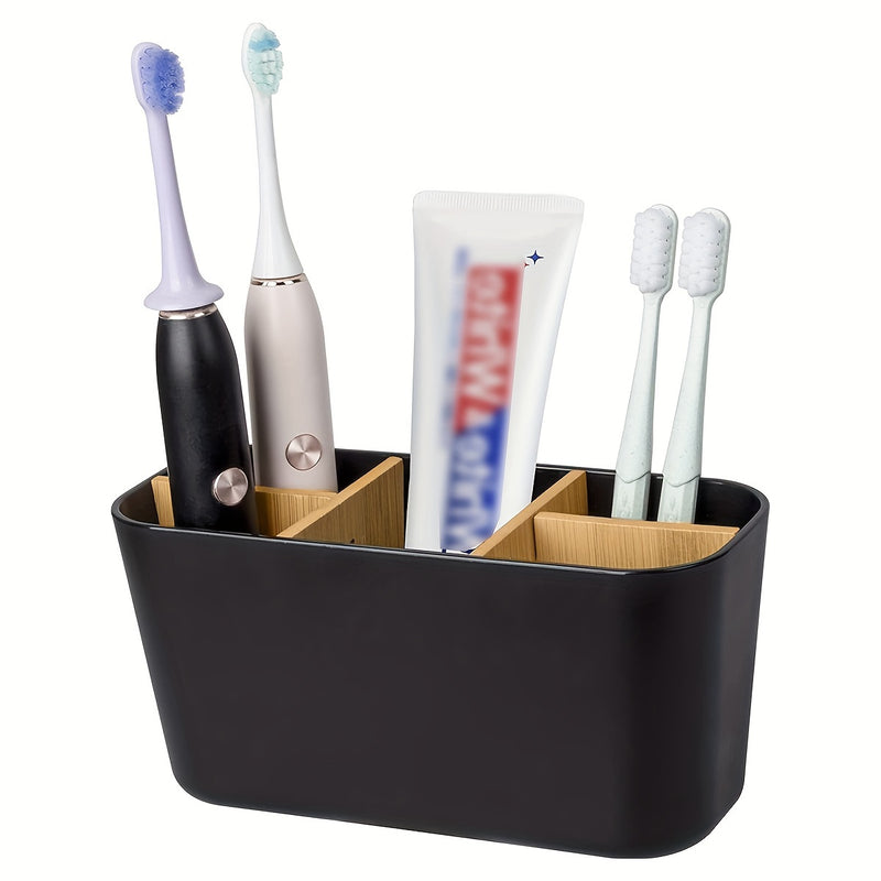 Soporte para Cepillos de Dientes de Bambú con 5 Ranuras - Organizador de Encimera para Cepillos de Dientes Eléctricos, Pasta de Dientes y Maquinillas de Afeitar - Solución de Almacenamiento Elegante para el Tocador del Baño
