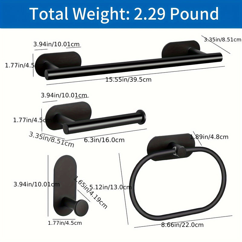 Juego de 4 Accesorios para Baño - Incluye Barra para Toallas, Porta Anillos, Soporte para Papel y Ganchos para Fácil Montaje en Pared, Accesorios de Baño