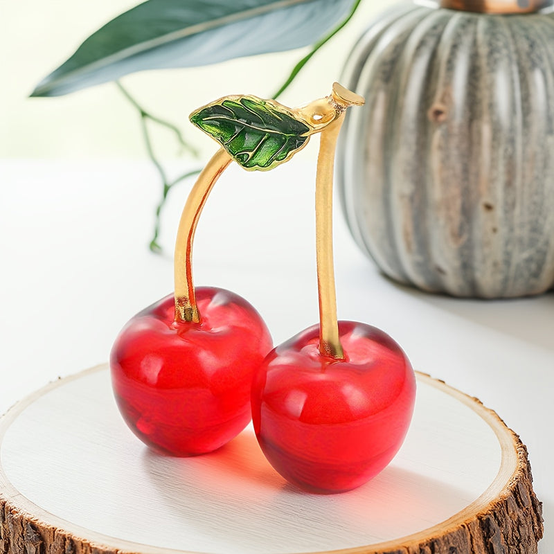 Par de Figuras de Cerezas de Cristal - Cerezos Rojos con Hojas Verdes y Tallos Dorados, Decoración para Interiores/Exteriores, Centro de Mesa Elegante sin Necesidad de Electricidad, Ideal para Sala, Oficina o Cafetería