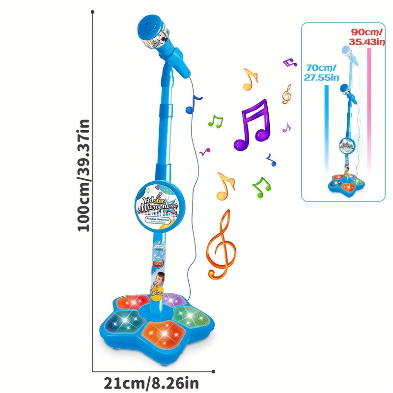 Micrófono de Karaoke LED para Niños con Soporte Ajustable - Portátil, Juguete Educativo para Fomentar el Cerebro, Ideal para Fiestas de Cumpleaños y Regalos de Conciertos, Azul/Negro