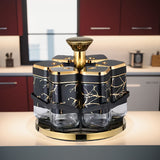 [Tarros de Especias de Vidrio Dorados] Set de 6 pzas de Tarros de Especias de Vidrio con Acentos Dorados - Contenedores Giratorios Seguros para Alimentos - Botellas de Condimentos para Cocina con Estante para Especias