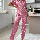 Pijama de manga corta con cuello estampado de corazones y pantalón largo, conjunto para estar en casa