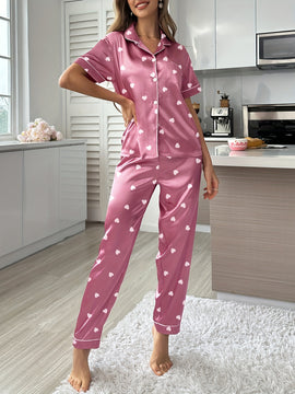 Pijama de manga corta con cuello estampado de corazones y pantalón largo, conjunto para estar en casa