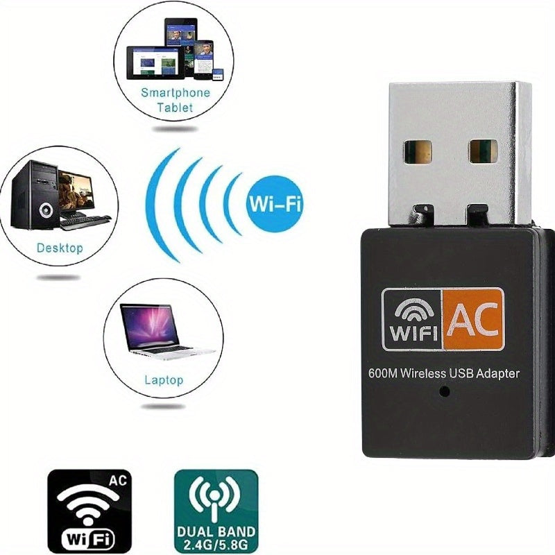 Adaptador WiFi USB, 600 Mbps, doble banda, adecuado para computadoras de escritorio (2,4 GHz/5 GHz), enchufa y juega, con instalación automática del controlador, para Windows 8/10/11.