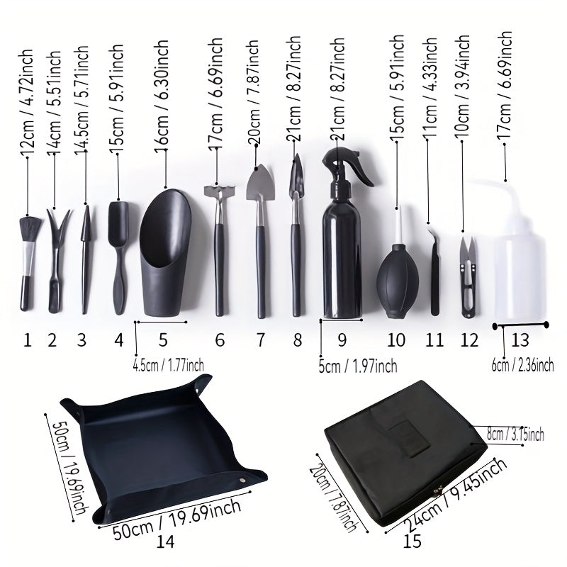 Juego de Herramientas de Jardinería Mini de 15 Piezas para Suculentas y Plantas Pequeñas - Kit Duradero de Plástico/Metal Negro con Mangos, Incluye Paleta, Pala, Botella de Spray y Más - Perfecto para el Cuidado de Plantas de Interior y Micro Paisaje, He