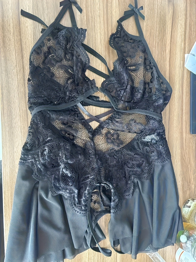 Body sexy rojo de encaje con tirantes al cuello, vestido mini sin espalda con corte tanga, diseño floral y detalles fruncidos para citas o conquista