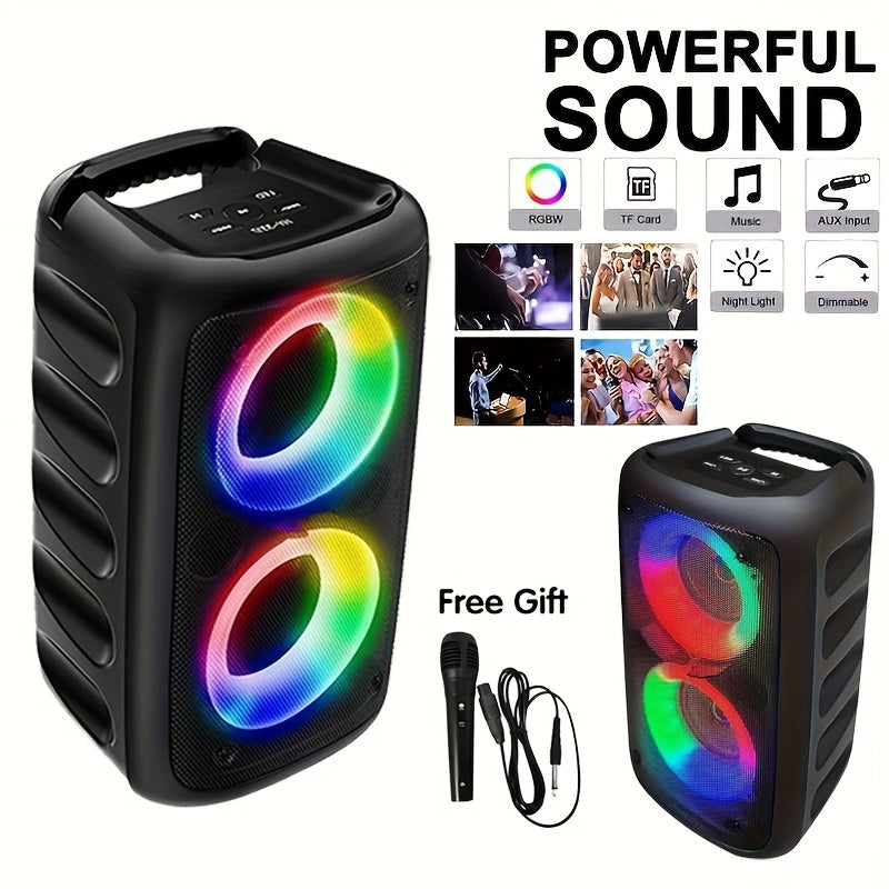Altavoz inalámbrico portátil con micrófono, luces LED y batería de litio de 2400 mAh, perfecto para fiestas en casa y camping al aire libre.