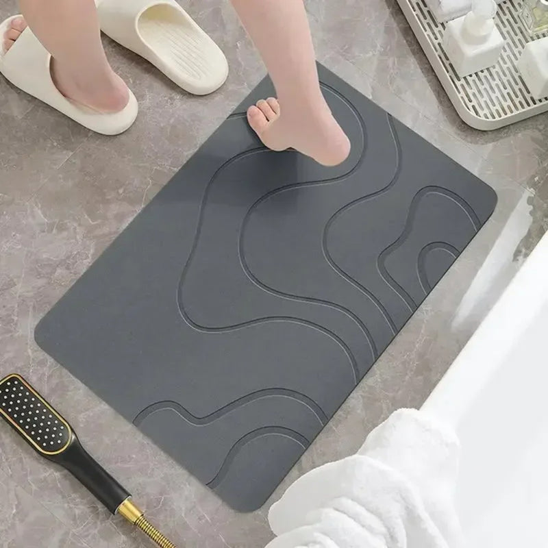Alfombrilla de baño de diatomea caliente de primera calidad - Alfombrilla de piso antideslizante ultraabsorbente y de secado rápido para baño, ducha, bañera, cocina - Beige con diseño de onda negra, solo lavado a mano, alfombrilla de baño