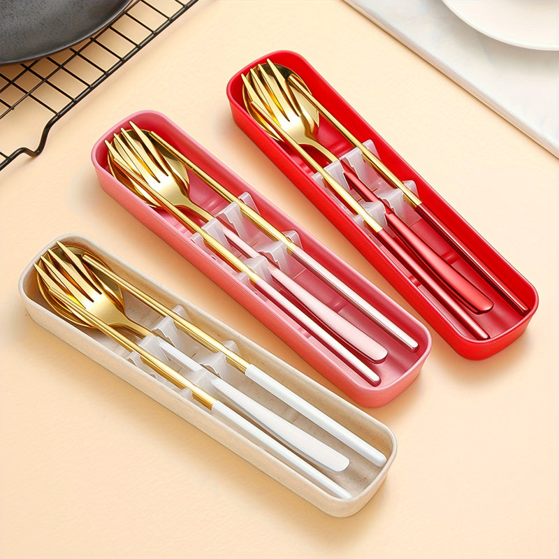 Juego de Cubiertos Portátiles de Acero Inoxidable de 4 Piezas - Duraderos, Resistentes al Óxido, Tenedores, Cucharas y Palillos con Estuche de Viaje - Ideal para Cenas de Bistec, Reuniones al Aire Libre, Camping, Senderismo, Picnics y Uso Diario