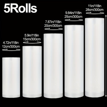 300cm*(28+25+20+15+12) Un conjunto de bolsas selladas al vacío con 5 tamaños no contiene Bisfenol A. La bolsa de vacío para alimentos se utiliza para el almacenamiento de alimentos, bolsas selladas al vacío, carne, frutas, verduras, harina y envasado de