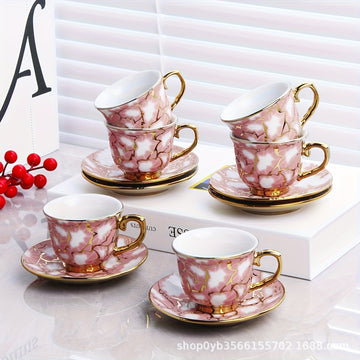Juego de 6 tazas de café de cerámica estilo europeo con plating, diseño elegante azul y dorado, solo lavado a mano, reutilizable, uso múltiple, incluye salseras y tazas que se ajustan, accesorio para bar de café.