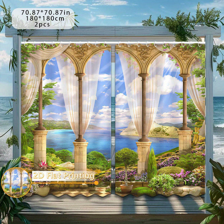 2 Piezas de Ganchos para Cortinas Exteriores, Estampado 2D con Vista a la Ventana para Decoración del Hogar y Privacidad, Ideal para Patio, Porche, Gazebó, Loft o Jardín en Primavera y Verano