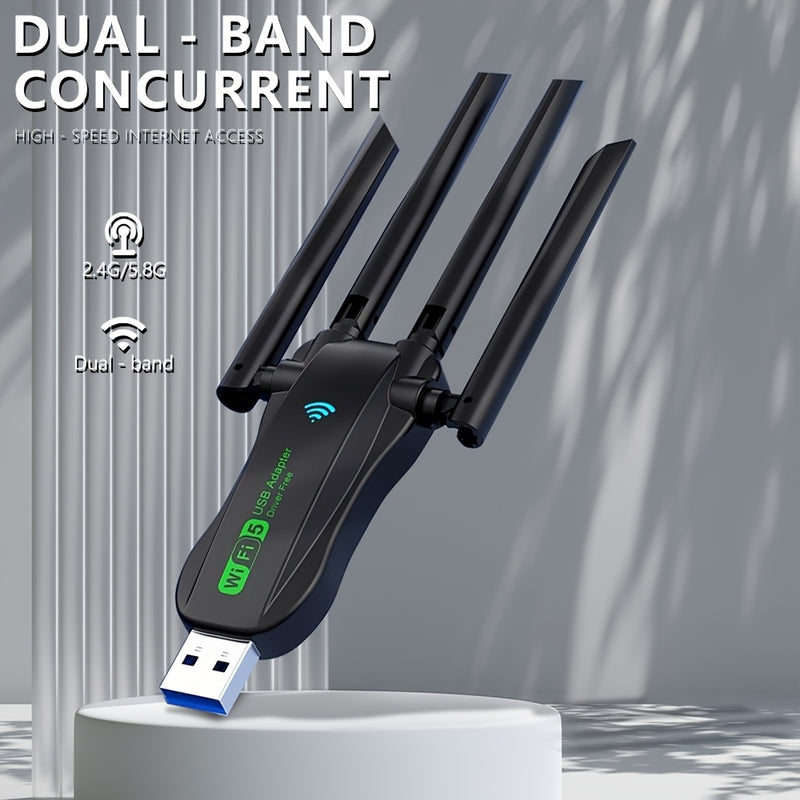 Tarjeta WiFi Doble Banda de VszaPower 1300Mbps 2.4G/5.8G con USB 3.0 y 4 Antenas de Alta Ganancia, Conectar y Listo, Sin Controladores Necesarios, Portátil para PC, Laptop y Escritorio, Actualización de Red Doméstica, Conectividad Plug and Play | Adaptad