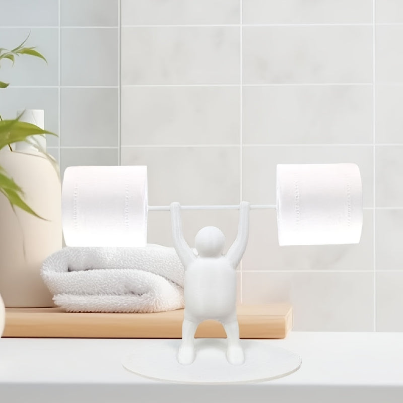 Soporte de rollo de papel higiénico de levantador de pesas divertido, impreso en 3D único, de plástico, sobre el tanque, autosoportante, con levantador de pesas sosteniendo una barra, para decoración de baño y cocina
