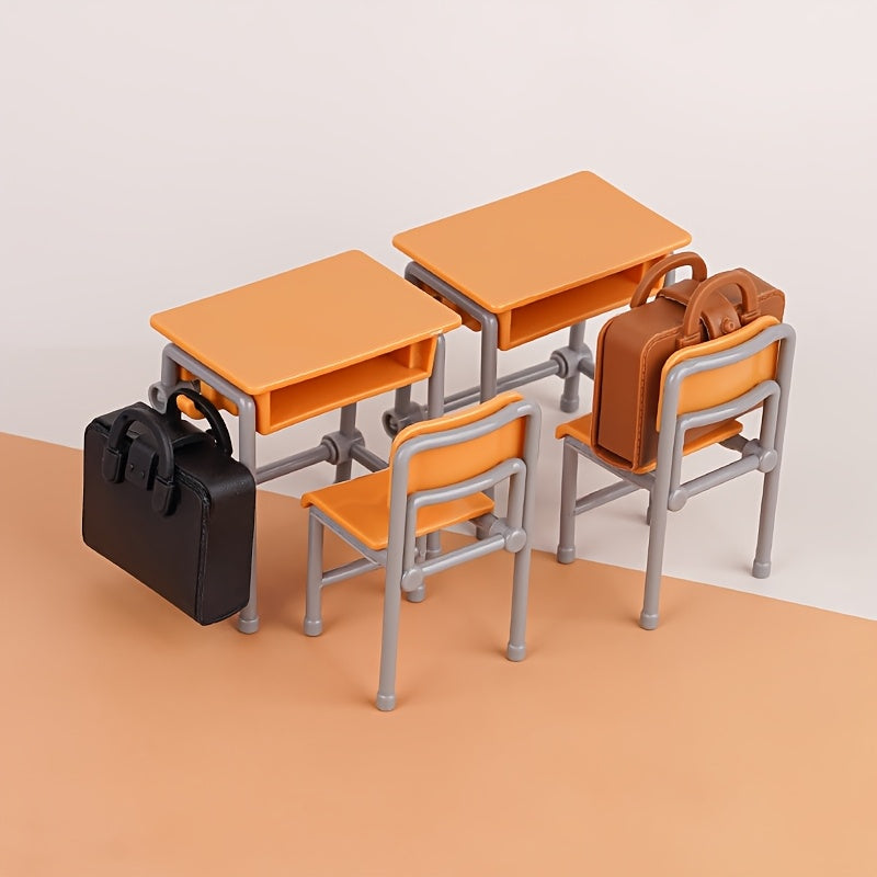 Conjunto de Aula Mini de 6 Piezas, Mesa y Sillas de Plástico con Mochila, Decoración de Casa de Juguete para la Escuela, Vajilla DIY, Exhibición en Casa, Colección Mini, Ocasión de Fiesta, No Requiere Electricidad