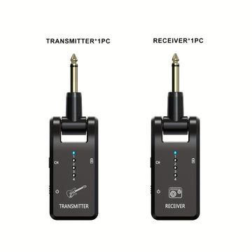 Sistema de guitarra inalámbrico de 2,4 GHz, receptor de audio recargable de 8 canales con carga USB-C, baja latencia para guitarra eléctrica, bajo y más, incluye amplificador, micrófono y accesorios para bajo y guitarra.