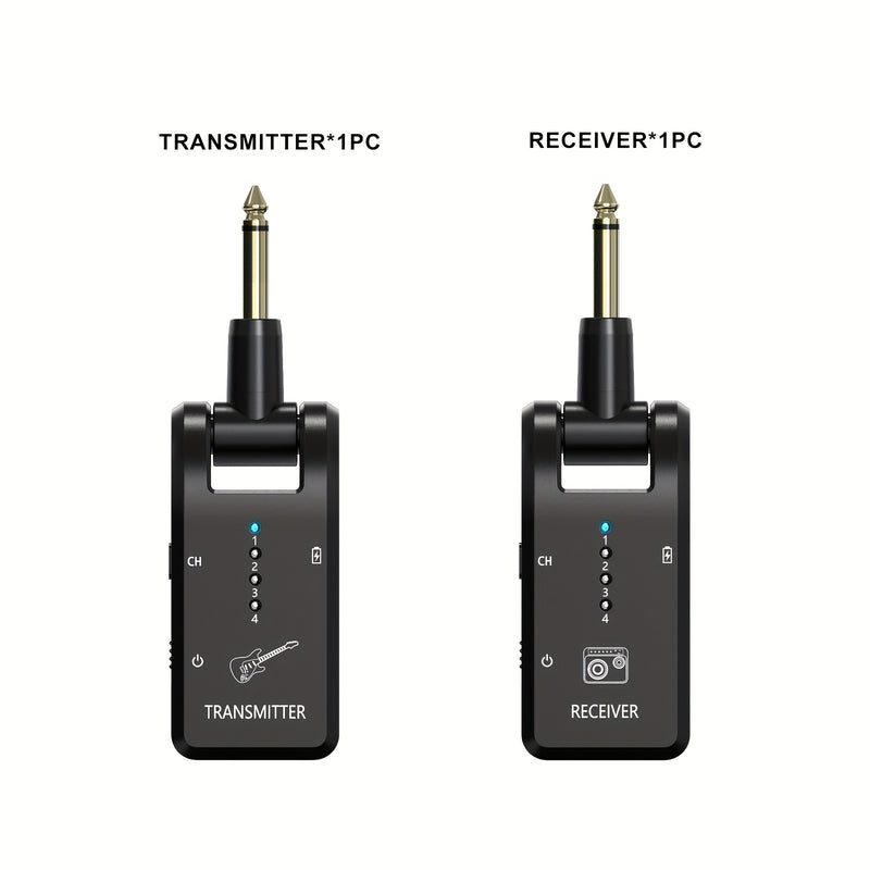 Sistema de guitarra inalámbrico de 2,4 GHz, receptor de audio recargable de 8 canales con carga USB-C, baja latencia para guitarra eléctrica, bajo y más, incluye amplificador, micrófono y accesorios para bajo y guitarra.