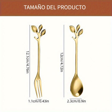 Juego de 20 Piezas de Tenedores y Cucharas Doradas en Acero Inoxidable con Forma de Hoja, Cubiertos para Postres Elegantes y Duraderos, Antióxido y Fáciles de Limpiar | Ideales para Mezclar Frutas, Aperitivos, Pasteles, Ensalada de Queso - Perfectos para