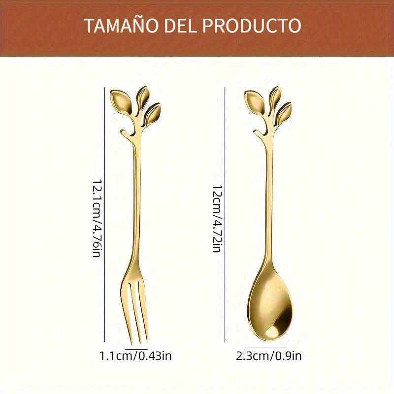Juego de 20 Piezas de Tenedores y Cucharas Doradas en Acero Inoxidable con Forma de Hoja, Cubiertos para Postres Elegantes y Duraderos, Antióxido y Fáciles de Limpiar | Ideales para Mezclar Frutas, Aperitivos, Pasteles, Ensalada de Queso - Perfectos para