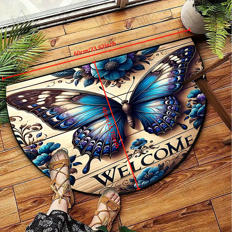 Alfombra de Puerta Semicircular con Patrón de Mariposas de Bienvenida - Antideslizante, Lavable de Poliéster, Ideal para Cocina, Porche, Baño, Lavandería, Sala de Estar, Sala de Juegos - Decoración de Estilo Granja para el Hogar y Jardín, Alfombra de Sue