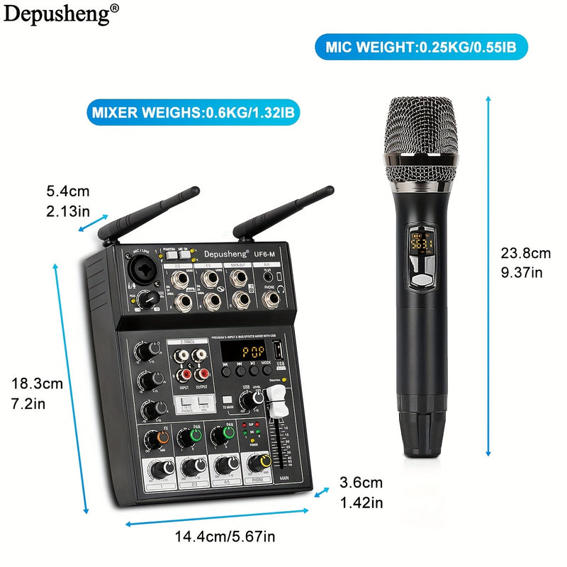 Mixer de audio profesional DEPUSHENG UF6-M de 6 canales, alimentado por USB, tensión de funcionamiento ≤36V, material ABS, receptor incorporado, dos micrófonos inalámbricos, consola de mezcla de sonido para vivo, boda, fiesta, grabación, emisión