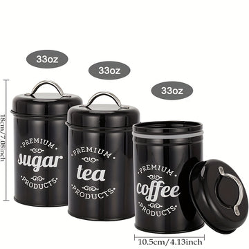 3 piezas de contenedores de almacenamiento de metal premium con tapas - Organizador de alimentos y té redondo reutilizable para café, azúcar, confitería - Solo lavado a mano, solución de almacenamiento de cocina multiusos