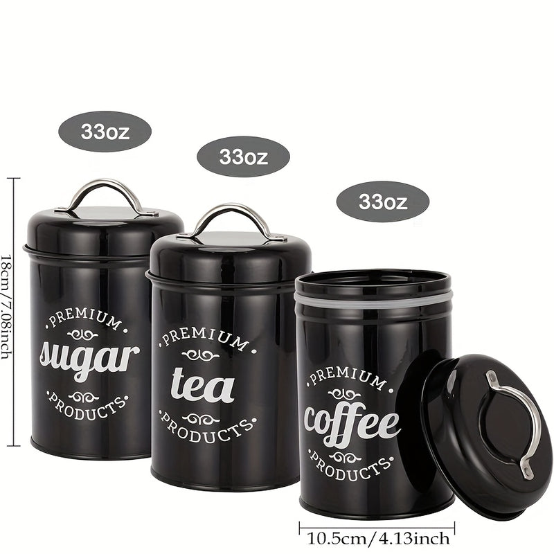3 piezas de contenedores de almacenamiento de metal premium con tapas - Organizador de alimentos y té redondo reutilizable para café, azúcar, confitería - Solo lavado a mano, solución de almacenamiento de cocina multiusos