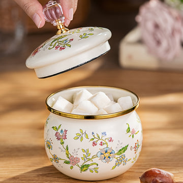 Tarro de azúcar floral esmaltado con tapa dorada, 1 unidad – Hermético, multiusos para almacenar café, té y alimentos, diseño redondo, solo lavado a mano