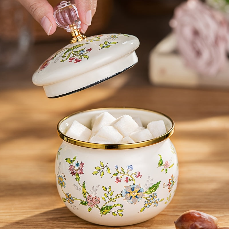 Tarro de azúcar floral esmaltado con tapa dorada, 1 unidad – Hermético, multiusos para almacenar café, té y alimentos, diseño redondo, solo lavado a mano