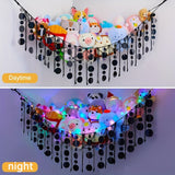 Estante de almacenamiento de juguetes de red para hamaca de animal de peluche con luces LED, almacenamiento de animales de peluche para decoración de habitación de niñas, dormitorio, guardería, sala de juegos colgante de pared con secuín, negro
