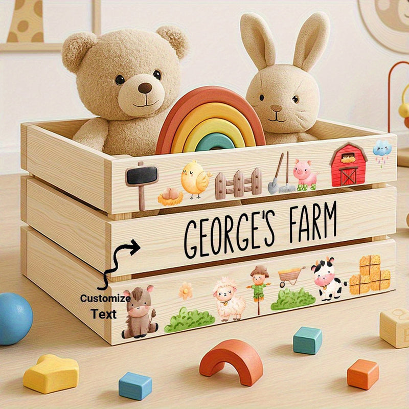 Caixa de Almacenamiento Abierta Personalizada - Estampado de Vaca y Oveja de Dibujos Animados, estilo Granja, Caja de Madera de Tres Niveles para el Hogar, Multiusos con Texto Personalizable