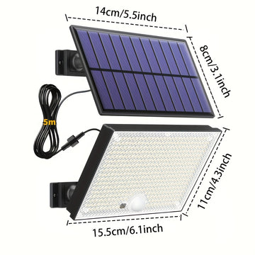 Luces solares con sensor de movimiento, 400 LED, control remoto, paneles individuales, cable de 5.0 metros, iluminación desde el atardecer hasta el amanecer, luces solares seguras para exteriores, porche, jardín, cobertizo, pared, regalos de Navidad, reg