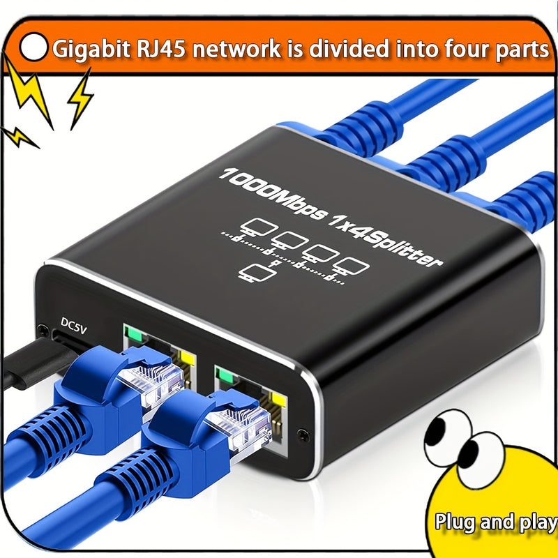 Divisor de Ethernet Gigabit de 4 Puertos 1 a 4, Hub de Red Alimentado por USB de 1000Mbps con Conectores RJ45, Acabado Mate y Compatibilidad Cat5/5e/6/7/8 para Juegos, Transmisión en Vivo, Configuración Múltiple de Dispositivos, Adaptador de Red para Jue