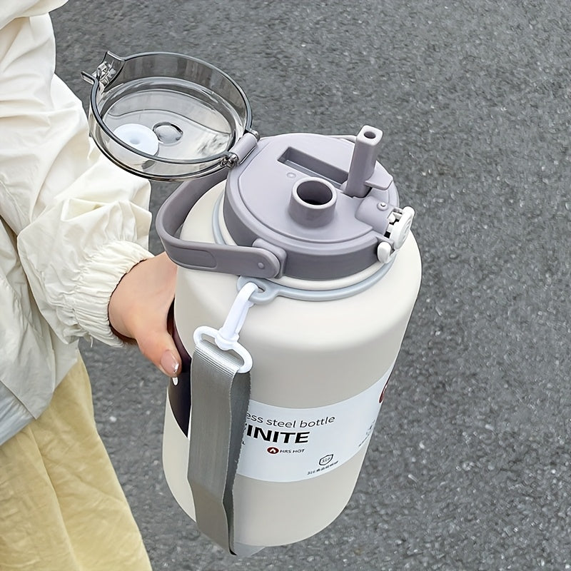 1 vaso aislado de acero inoxidable de 2000 ml, gran capacidad con asa, conserva el hielo y tiene una paja térmica, botella de agua deportiva portátil para uso al aire libre.