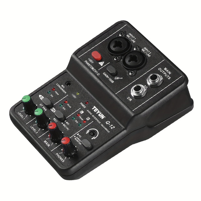 BOMGE Q12 2 canales de interfaz de audio portátil - Mezclador mini USB profesional para guitarra, voces y grabación de estudio, 36V o menos, material ABS negro, 2 canales, 2 canales de interfaz de audio | Mezclador compacto | Construcción duradera