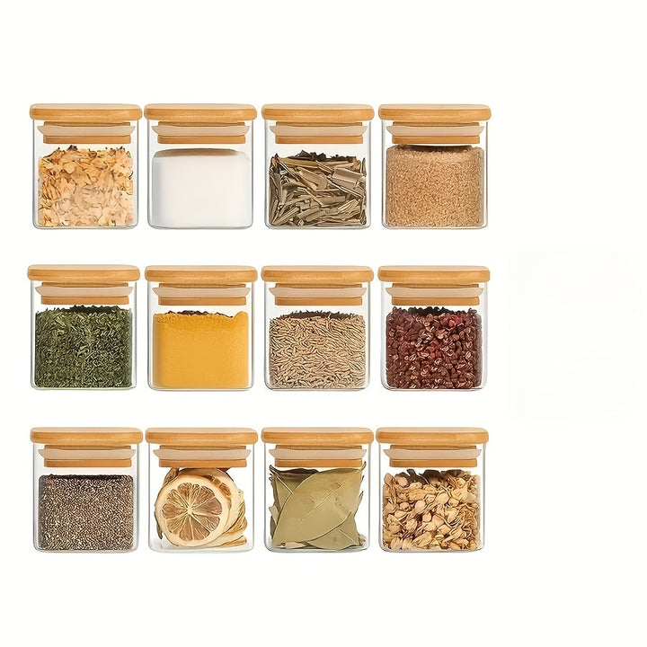 Juego de 12 frascos de vidrio con tapas de madera, contenedores de especias con tapas de sellado de madera, contenedores de almacenamiento de alimentos, adecuados para la cocina del hogar, té, hierbas, azúcar, sal, café, harina, granos, etc.