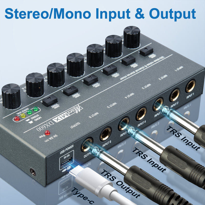 Mezclador de Audio de 6 Canales con Entrada y Salida Estéreo, Carga USB, Voltaje de Operación ≤36V, Negro - Ideal para Mezcla de Guitarra, Bajo, Teclado, Actuaciones En Vivo, Grabación de Estudio, Mezclador Musical