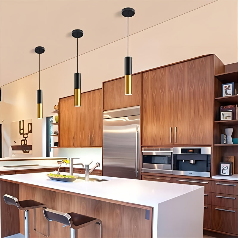 1 lámpara colgante moderna de tubo negro mate y dorado, aplique semiempotrado de metal para barra de cocina o isla, base E12, 110-240V cableado duro, sin bombilla incluida, incluye hardware de instalación