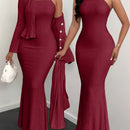 YY0102111 Conjunto Elegante de Vestido Camisola y Cárdigan de Color Sólido 2 Piezas, Adecuado para Primavera Verano Otoño
